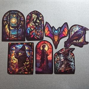 7 Gothic Stained Glass Magnets Custom Cat Crow Bat and Witch~ Handmade